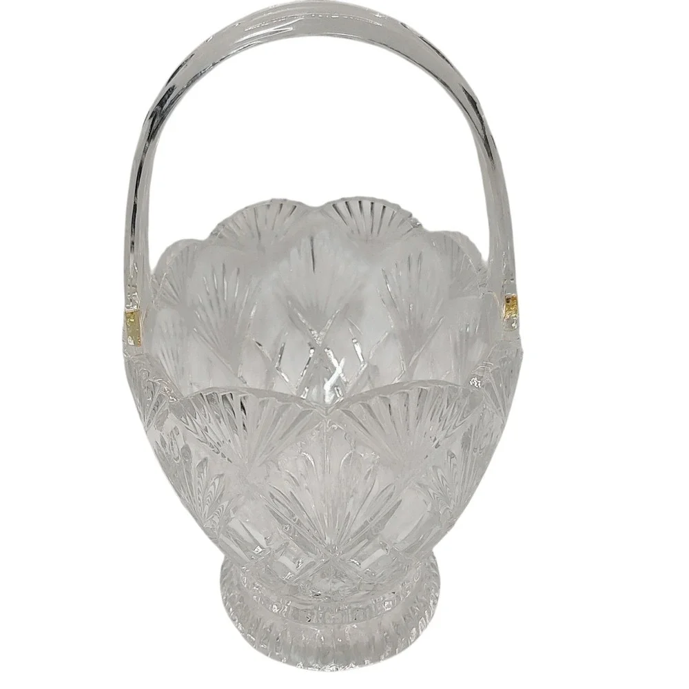 Imperial Slovakia‎ Lead Crystal Basket with Handle Diamond Fan Pattern SEE